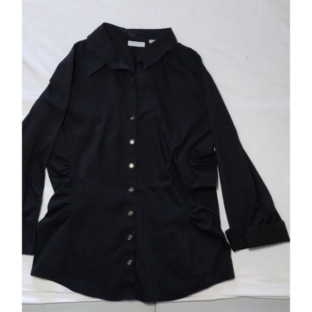New York & Company black Button Up Shirt Womens Stretch Top L button sleeve